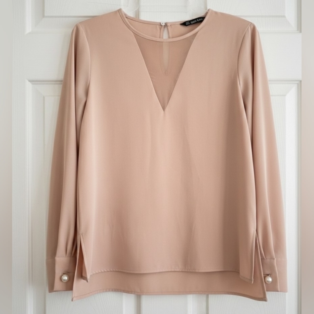 ZARA Cream Sheer V-Neck Blouse Pearl Cuff Sleeve Size S - Picture 2 of 10